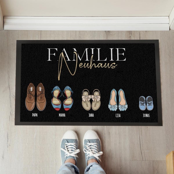 Paillasson familial personnalisé « Chaussures » - avec nom de famille, membres de la famille et noms