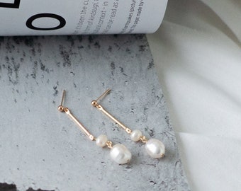 Natural Freshwater Pearl Long Earrings, Long Pearl Drop Earrings, 14K Gold Plated Pearl Earrings, Handmade Earrings, gift for her