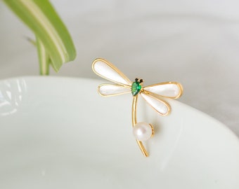 Dragonflies Brooch, Freshwater Pearl Animal Gold Brooch, Shell Dragonfly Brooch, Scarf Brooch Pin, Sweater Brooch, gift for her