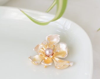 Women's Gold Zircon And Enamel Pearl Brooch, Safety Pin Brooch with Freshwater Pearl,  Floral  Pearl Brooch, Vintage Pearl Brooch, Gift