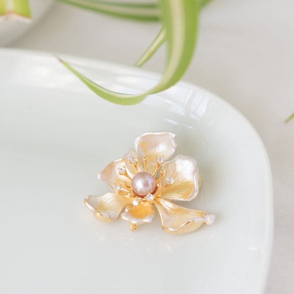 Women's Gold Zircon And Enamel Pearl Brooch, Safety Pin Brooch with Freshwater Pearl,  Floral  Pearl Brooch, Vintage Pearl Brooch, Gift