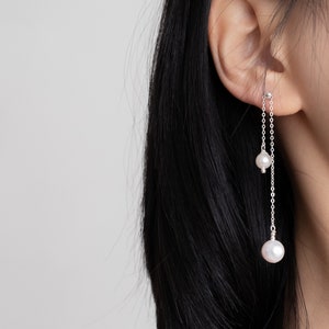 Sterling Silver Freshwater Pearl Drop Earrings: Adjustable Chain
