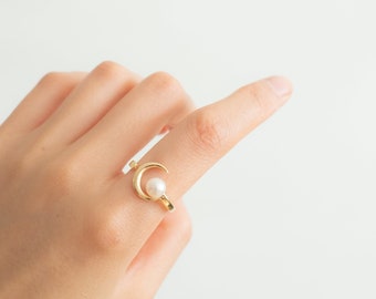 14K Gold Filled Freshwater Pearl Adjustable Open Ring,   Dainty Gold Pearl Ring, Minimalist Gold Pearl Ring, Pearl Ring for Women