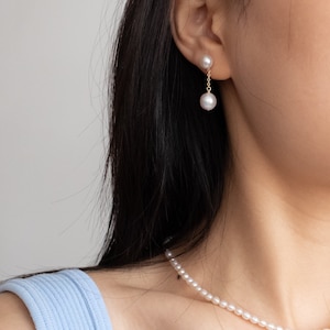14K Gold Filled Baroque Pearl Dangle Earrings: 925 Silver Studs