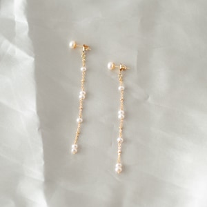 14K Gold Filled Freshwater Pearl Dangle Earrings: Long Chain Drop