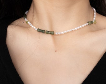 Freshwater Pearl Mixed Peridot and Greenstone Necklace, Dainty necklace,  Green Stone Necklace, Beaded necklace