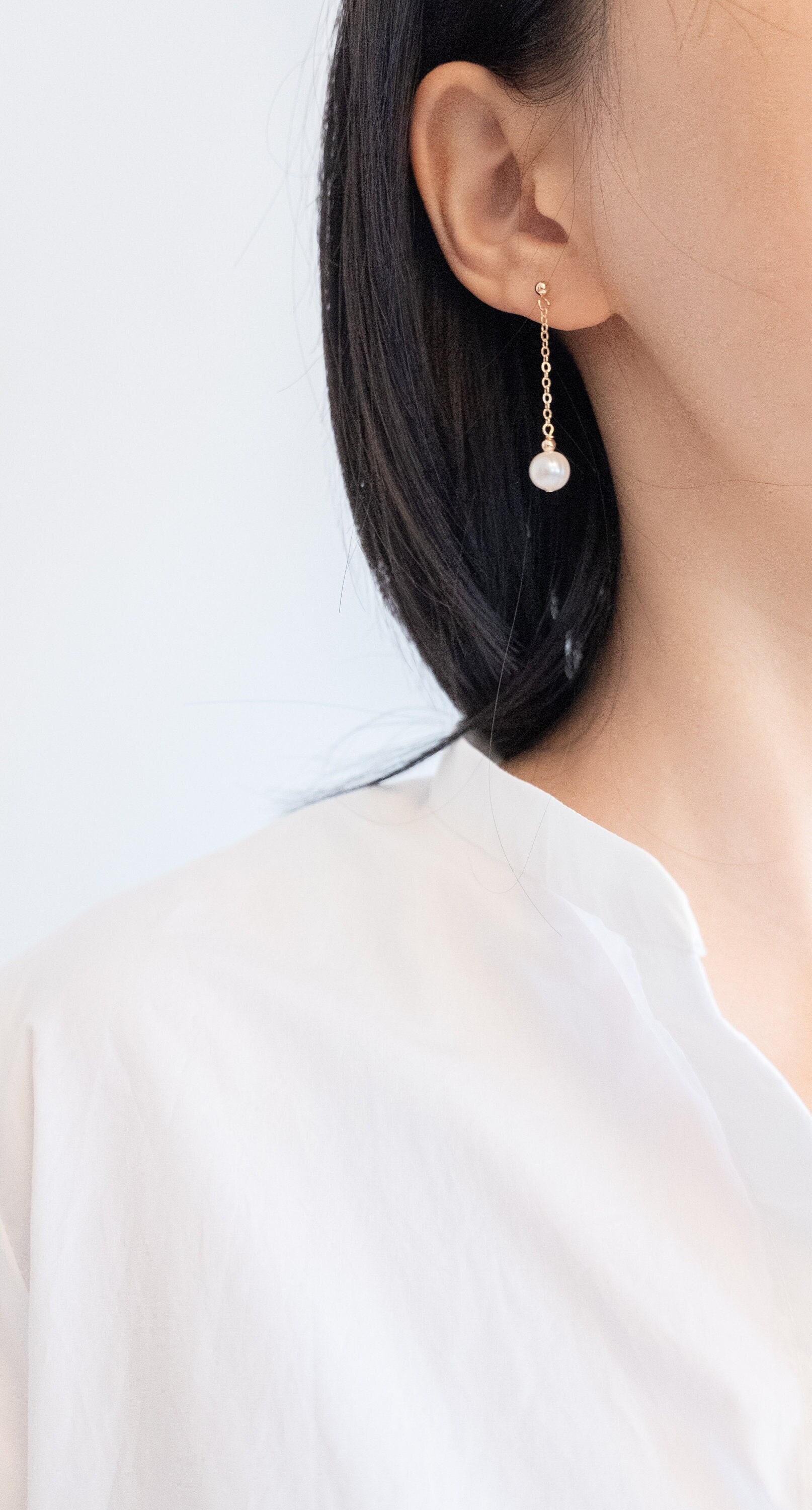 Orecchini pendenti con perle d'acqua dolce eleganti 6,5-8,5 mm, colore bianco