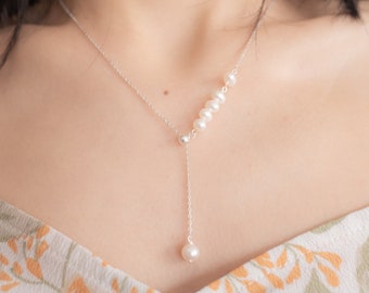 925 Sterling Silber Natürliche Süßwasser Perlenkette, Verstellbare Süßwasser Perlenkette, Lariat Halskette, Zierliche Perlen Tropfen Halskette