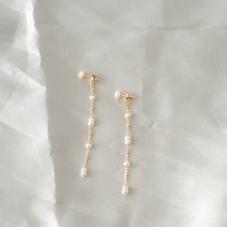 Freshwater Pearl Long Dangle Earrings, Pearl Front Back Earrings, Pearl Drop Earrings, Bridesmaid Earrings,14K Gold Filled Chain Earrings image 1