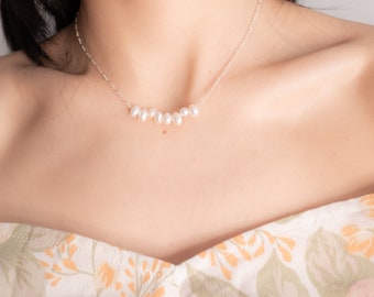 Zierliche Perlen Silber Halskette, Süßwasserperlen Halskette, 925 Sterling Silber Perlen Bar Halskette, Multi Perlen Silber Halskette, Geschenk für sie