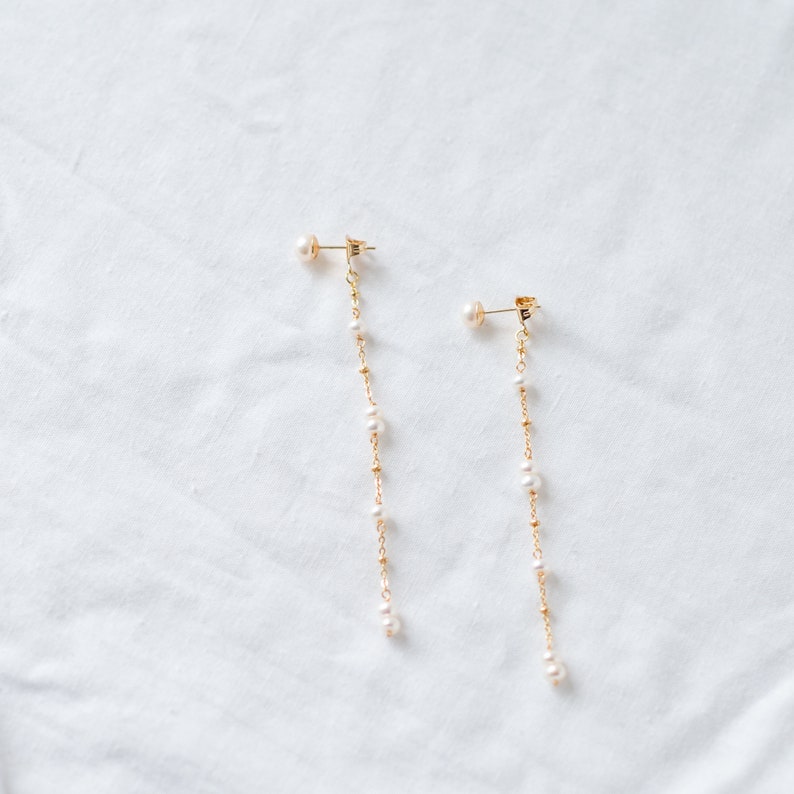 Freshwater Pearl Long Dangle Earrings, Pearl Front Back Earrings, Pearl Drop Earrings, Bridesmaid Earrings,14K Gold Filled Chain Earrings image 4