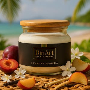 Hawaiian Plumeria Candle | Tropical Floral Soy Wax | Peach, Jasmine, Honeysuckle | Eco-Friendly | Wood Wick | Handmade Gift
