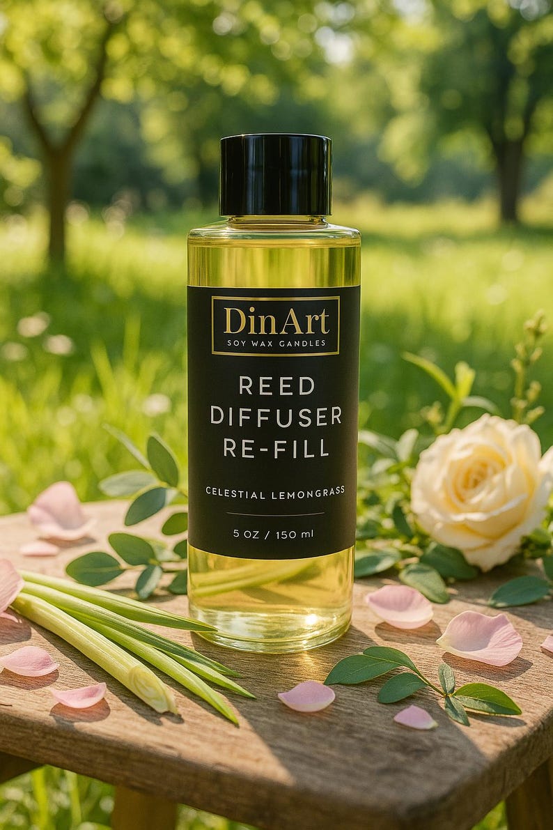 Pode incluir: Uma garrafa de vidro transparente de recarga de difusor de palheta de vela de cera de soja DinArt com aroma Celestial Lemongrass. A garrafa tem um r&oacute;tulo preto com texto branco e uma tampa preta. Cont&eacute;m 150 ml de l&iacute;quido. A imagem inclui uma rosa e capim-lim&atilde;o.