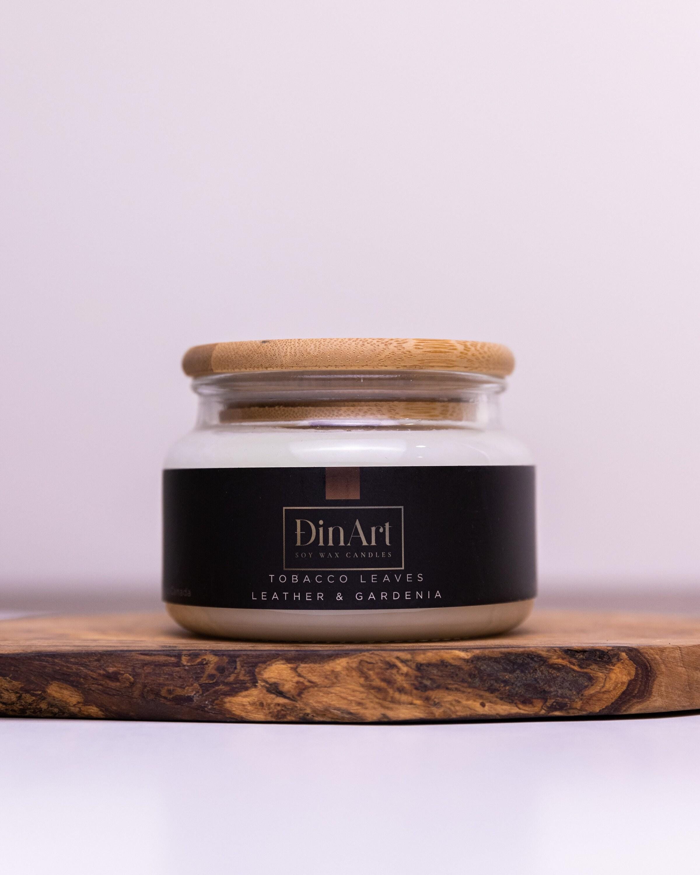 tobacco leaf and leather candle Tobacco Leaf & Leather Soy Candle: Handmade Wooden Wick, 9 Oz