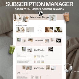 Peut inclure: Un modèle numérique Notion intitulé Subscription Manager comprenant des sections pour Course Hub, Task Tracker et Goal Tracker. La mise en page inclut diverses images miniatures, des listes de tâches avec des étiquettes de statut et des tableaux de suivi.