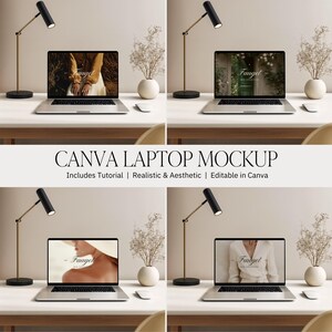 May include: A laptop mockup with four different screen displays, each showcasing a different image. The setup includes a black and gold desk lamp, a white vase with dried flowers, and a computer mouse. The text "CANVA LAPTOP MOCKUP" is displayed.