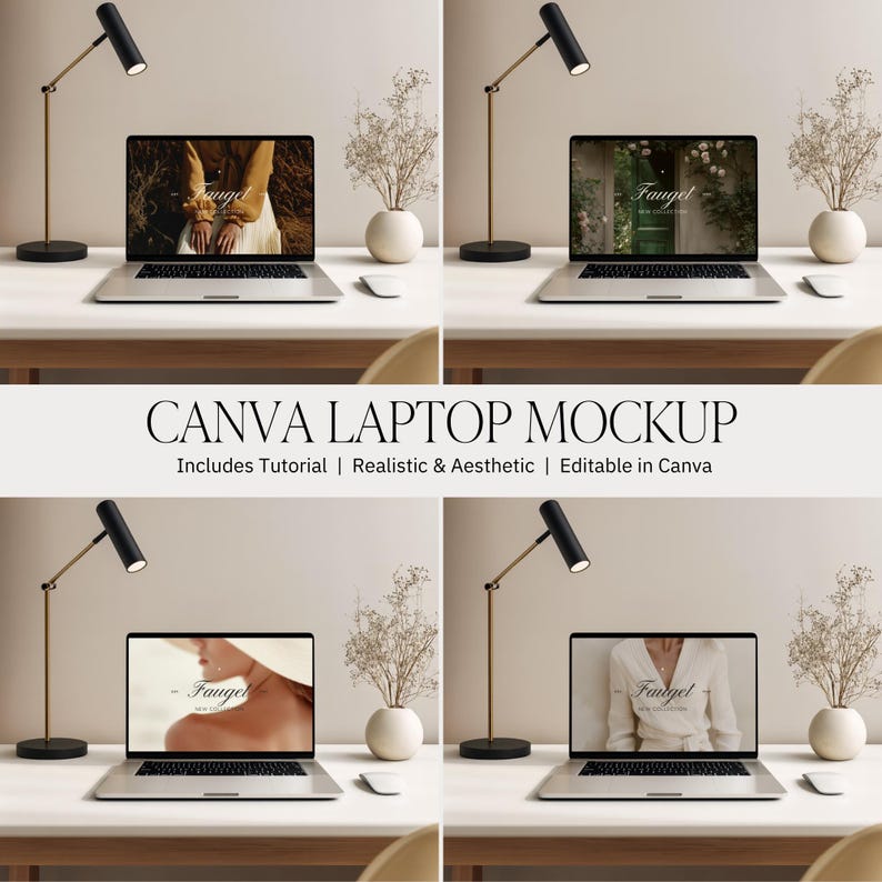 May include: A laptop mockup with four different screen displays, each showcasing a different image. The setup includes a black and gold desk lamp, a white vase with dried flowers, and a computer mouse. The text "CANVA LAPTOP MOCKUP" is displayed.