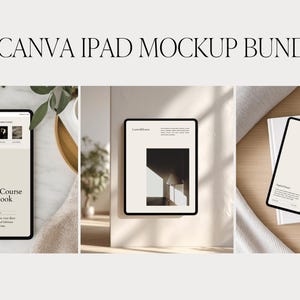 May include: An image showcasing a bundle of 50 Canva iPad mockups. The image features three iPads with black bezels, each displaying different designs. The text "Elegant Canva Course Workbook" is visible on one screen. The overall aesthetic is minimalist and modern.