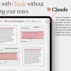 May include: A digital tablet displays notes on the vascular system and hemodynamics, with the text "Chat with Claude." The image includes diagrams of blood flow and text describing the features of the app.