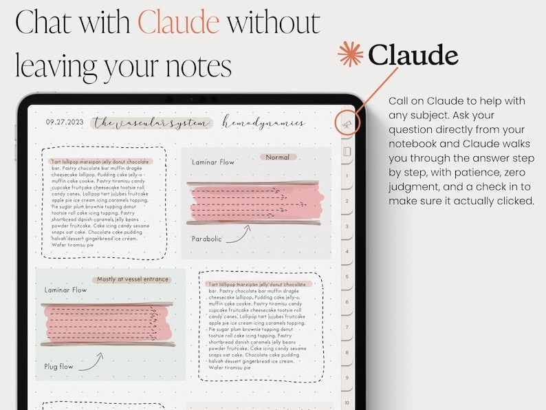 May include: A digital tablet displays notes on the vascular system and hemodynamics, with the text "Chat with Claude." The image includes diagrams of blood flow and text describing the features of the app.