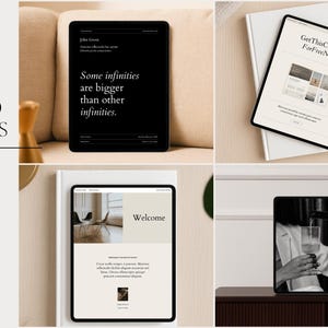 May include: An image showcasing iPad Pro mockups with various screen displays. The text on the screens includes "Some infinities are bigger than other infinities," "Welcome," and "GetThisCourse ForFreeNow." The image also includes the text "IPAD PRO MOCKUPS" and "50 iPad Canva Mockups total."