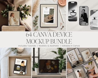 64 Canva Device Mockup Bundle: Laptop, iPad, Phone Mockups for Digital Products, Websites, and Canva Templates