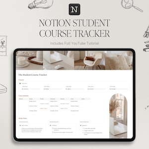 Puede incluir: Una tableta digital muestra un rastreador de cursos para estudiantes de Notion. La pantalla muestra un horario de cursos, un horario de clases y notas semanales. La imagen está rodeada de ilustraciones esbozadas de un escritorio, un despertador y otros elementos académicos.