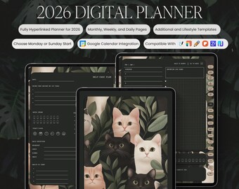 2026 Digital Planner | Dark Mode Botanical Cat Theme (Digital Download)