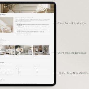 May include: A screenshot of a client portal website with sections for client tracking, sticky notes, and goal planning. The website has a clean and modern design with a light background and a simple layout.