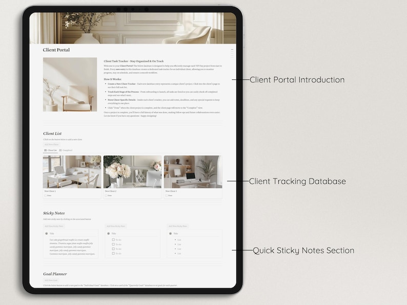 May include: A screenshot of a client portal website with sections for client tracking, sticky notes, and goal planning. The website has a clean and modern design with a light background and a simple layout.
