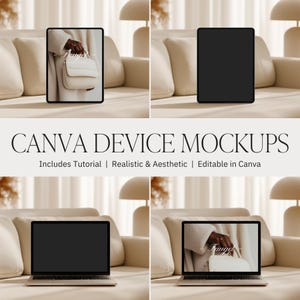 Puede incluir: Una maqueta digital con una tableta y un portátil, ambos con pantallas en blanco, y una tableta y un portátil que muestran un bolso. El texto "CANVA DEVICE MOCKUPS" se muestra debajo de los dispositivos, junto con texto adicional.