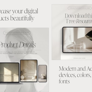 May include: An image showcasing digital products with the text "Showcase your digital products beautifully." The image includes a laptop, tablet, and phone displaying product details. A tablet displays a glass and leaf. The text "Download this Free Resource" is also visible.