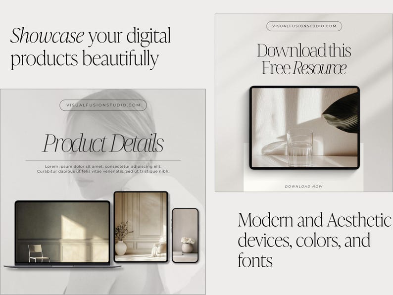 May include: An image showcasing digital products with the text "Showcase your digital products beautifully." The image includes a laptop, tablet, and phone displaying product details. A tablet displays a glass and leaf. The text "Download this Free Resource" is also visible.