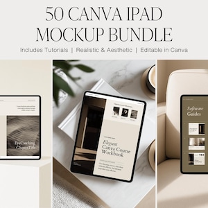 Op de afbeelding: Een afbeelding met drie iPads met zwarte randen, elk met verschillende mockups. De tekst "50 Canva iPad Mockup Bundle" staat bovenaan. De mockups bevatten tutorials en zijn realistisch en esthetisch. De iPads staan op een wit oppervlak.