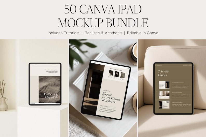 May include: An image showcasing three iPads with black bezels, each displaying different mockups. The text "50 Canva iPad Mockup Bundle" is at the top. The mockups include tutorials, and are realistic and aesthetic. The iPads are on a white surface.