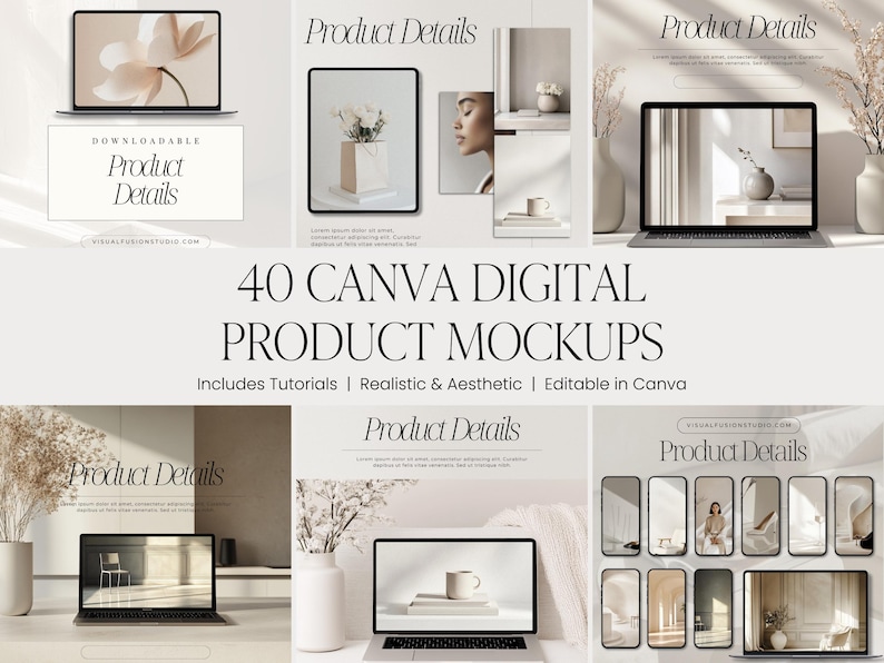 May include: A promotional image showcasing digital product mockups. The image features multiple laptop and tablet displays with product details, along with the text "40 CANVA DIGITAL PRODUCT MOCKUPS". The mockups include tutorials and are realistic and aesthetic.