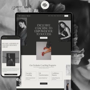 May include: A website screenshot for The Confidence Collective, a coaching programme that empowers people to succeed. The website features images of women, text about exclusive coaching programmes, and a call to action to become a member of their free resource library.