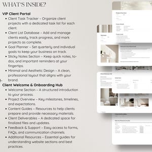 May include: A white and gray infographic with the title "What's Inside?"  The infographic lists the features of a VIP Client Portal and a Client Welcome & Onboarding Hub.  The infographic includes bullet points and text describing the features of each section.
