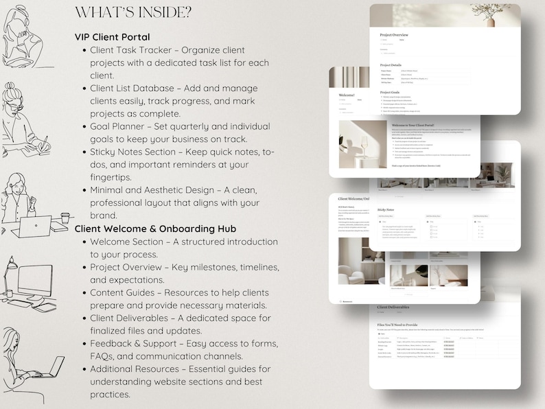 May include: A white and gray infographic with the title "What's Inside?"  The infographic lists the features of a VIP Client Portal and a Client Welcome & Onboarding Hub.  The infographic includes bullet points and text describing the features of each section.