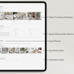 May include: A digital planner app interface with sections for client tracking, sticky notes, and goal planning. The interface is white with black text and includes images of interior design spaces.