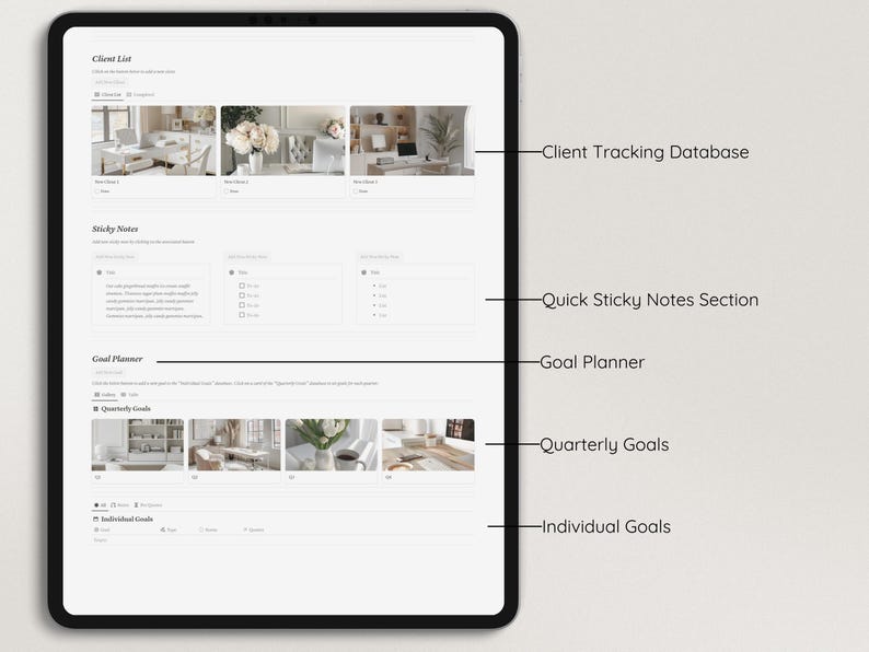 May include: A digital planner app interface with sections for client tracking, sticky notes, and goal planning. The interface is white with black text and includes images of interior design spaces.