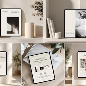 May include: A collection of digital tablets displaying various website designs and mockups. The tablets feature minimalist aesthetics with neutral color palettes, showcasing interior design, course collections, and color palettes. The scene includes candles, books, and a wine glass.