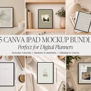 May include: A collection of iPad mockups with various designs and backgrounds. The image features several iPads with different screen displays, including abstract art, landscape photos, and patterned designs. Text on the image reads "55 Canva iPad Mockup Bundle" and "Perfect for Digital Planners."