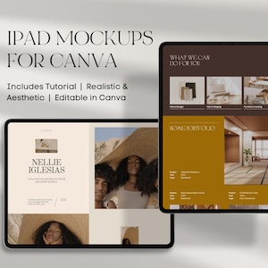May include: Mockup of an iPad screen displaying a website design for a home design company. The website features a portfolio of interior design projects, including a living room with a tatami mat floor and a bedroom with a large window. The website also includes a section about the company's services, which include interior design, home staging, and furniture sourcing.