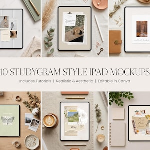 May include: A collection of ten iPad mockups in a studygram style, featuring various aesthetic designs. The image includes text that reads "10 STUDYGRAM STYLE IPAD MOCKUPS" and "Includes Tutorials | Realistic & Aesthetic | Editable in Canva."