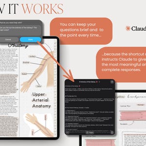 May include: A digital illustration showing how to use the "Claude" app. The image includes a tablet displaying anatomy diagrams, a chat box, and text bubbles with instructions. The text reads "HOW IT WORKS" and "Anatomy".