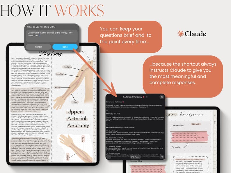 May include: A digital illustration showing how to use the "Claude" app. The image includes a tablet displaying anatomy diagrams, a chat box, and text bubbles with instructions. The text reads "HOW IT WORKS" and "Anatomy".