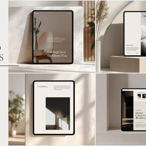 May include: A collection of iPad Pro mockups with black bezels, showcasing various designs. The image includes text that reads "IPAD PRO MOCKUPS" and "50 iPad Canva Mockups total". The mockups display different layouts, including text that says "One Step Closer for A Better You".