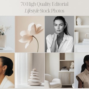 May include: A collage of eight images showcasing a minimalist aesthetic. The images feature a white flower, a stack of white stones, a woman in a white shirt, a white vase with white flowers, a white bookshelf with white decor, a white chair, and a woman in a beige shirt.