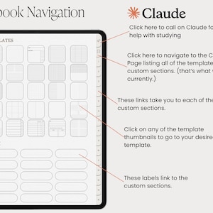 May include: A digital notebook interface with the title "Notebook Navigation" at the top. The screen displays a grid of template thumbnails and an index section. Text on the right side explains navigation features, including a "Claude" help option.
